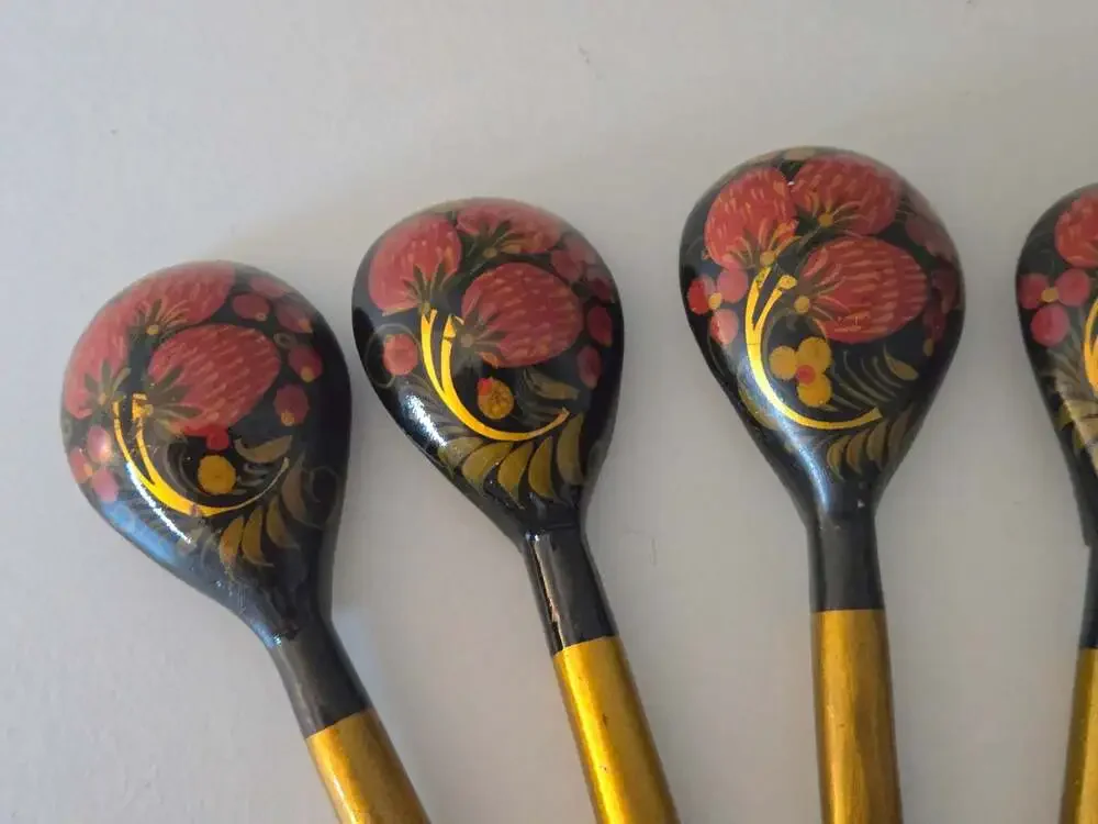 Vintage Russian Khokhloma Hand Painted 6 Wooden Spoons Black Gold Strawberry